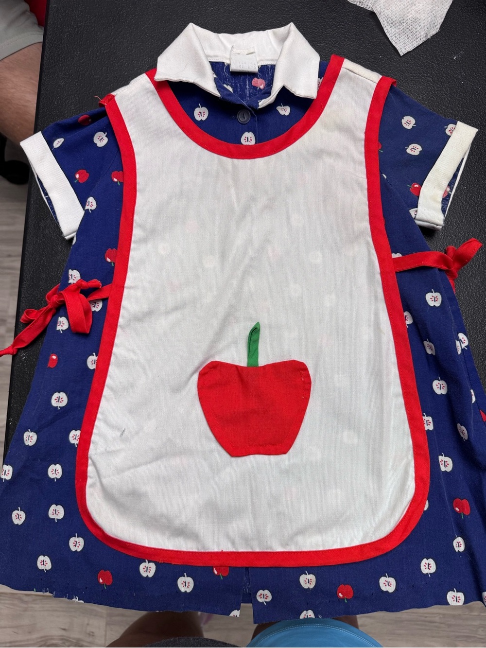 Vintage Kids Apple Print Navy Dress with White Apron